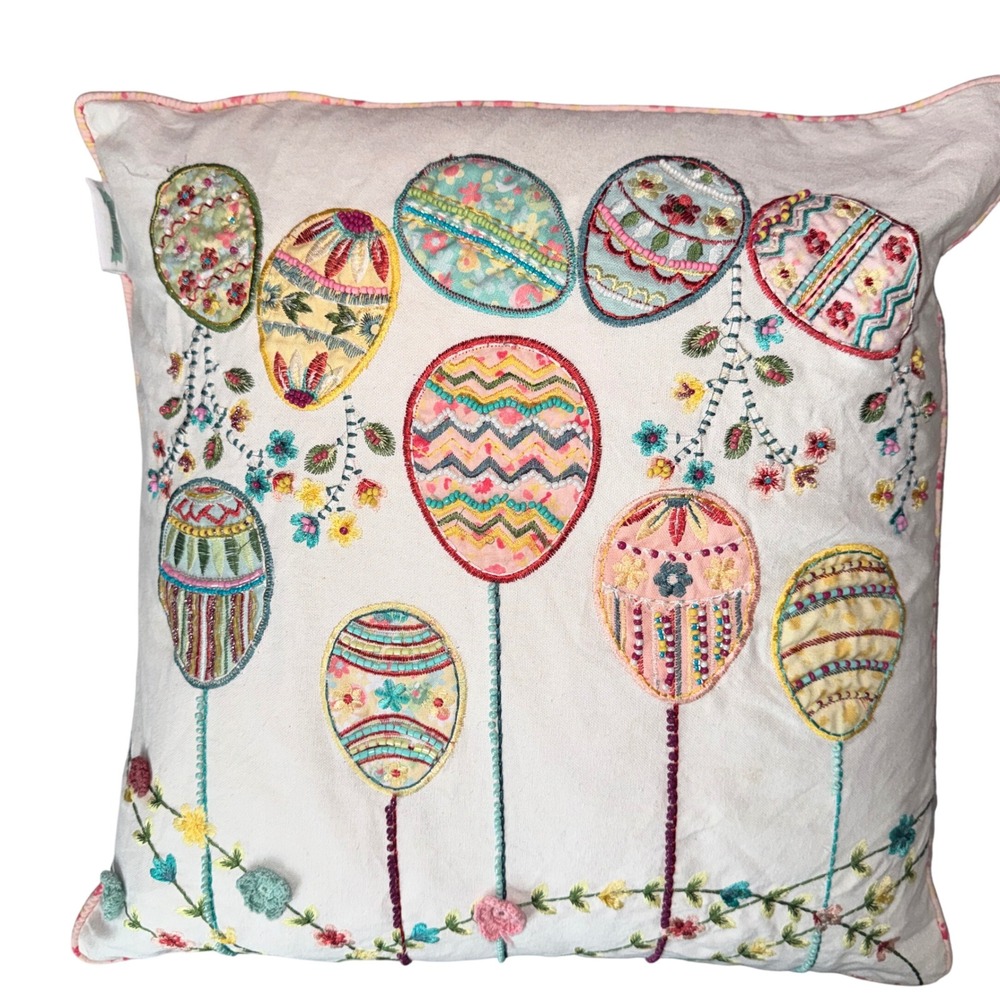 Bunny Boulevard Embroidered Easter Egg Pillow White Pink Feather Filled Square